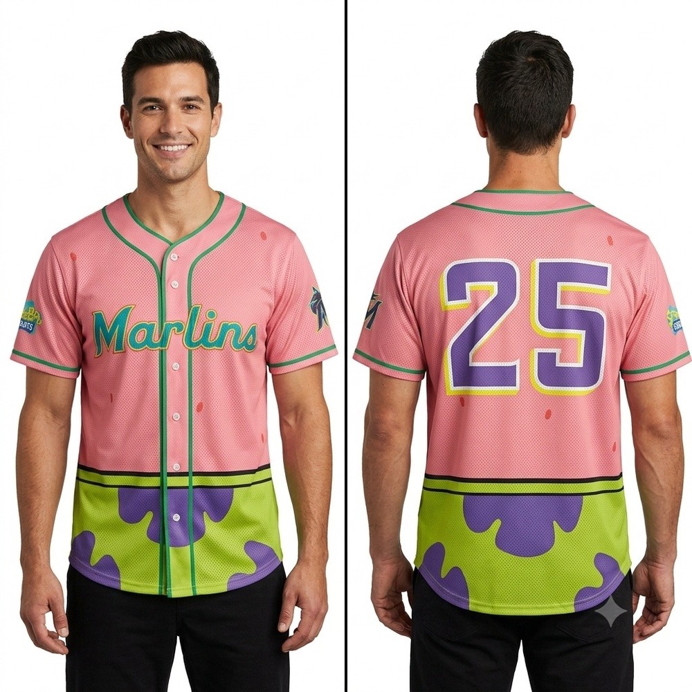 Nickelodeon SpongeBob Patrick Star Miami Marlins Baseball Jersey Mens M SGA NWOT